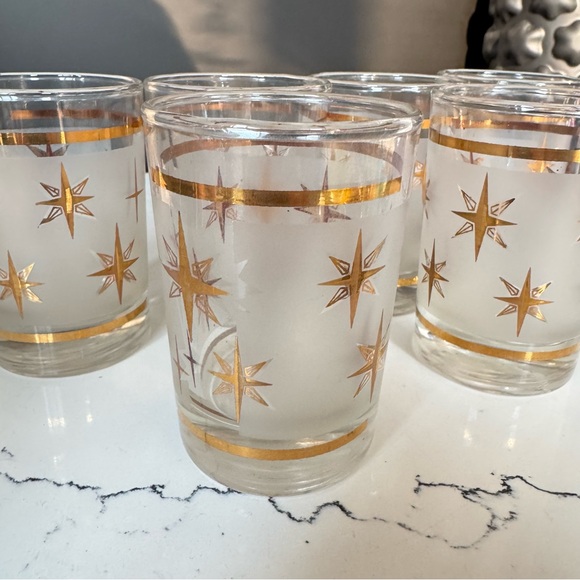 Vintage Dominion Glass Gold & Frosted Starburst Bar Glasses Glassware Set of 6 - Picture 3 of 4